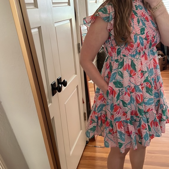 J. MARIE Floral Print Smocked Ruffle Tiered Mini Dress in Multicolor small - Picture 3 of 16